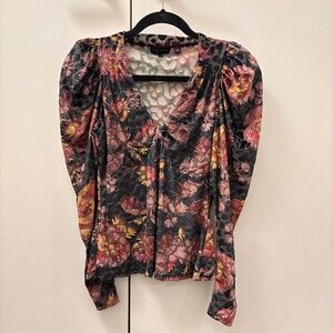 Ted Baker Ettya V-Neck Burnout Velvet Puff Sleeve Floral Blouse, size 1
